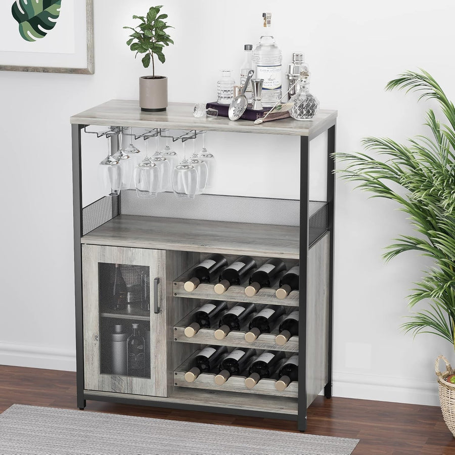 Modern 3-Tier Wine Bar Cabinet with Glass Holder & Storage Shelves for Kitchen