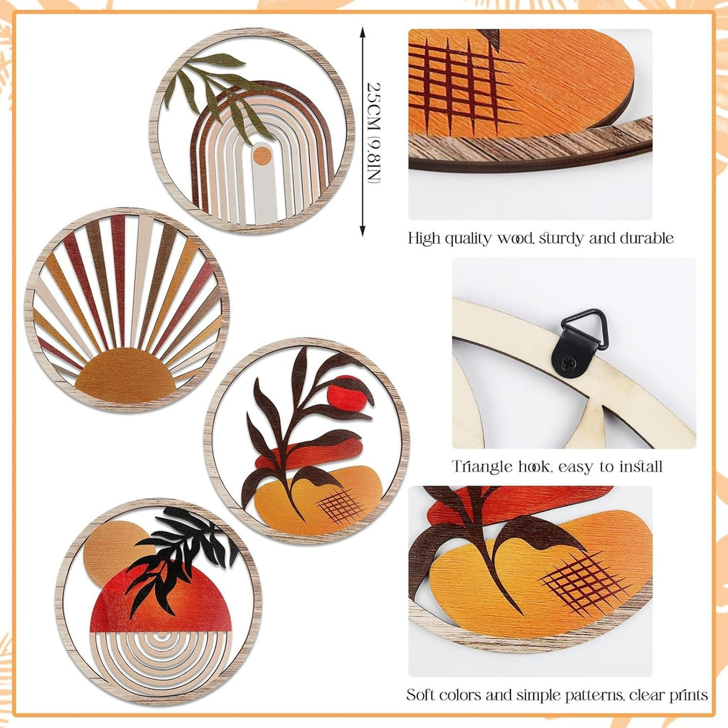 4PCS Boho Wooden Wall Art Botanical Hanging Round Farmhouse Decor