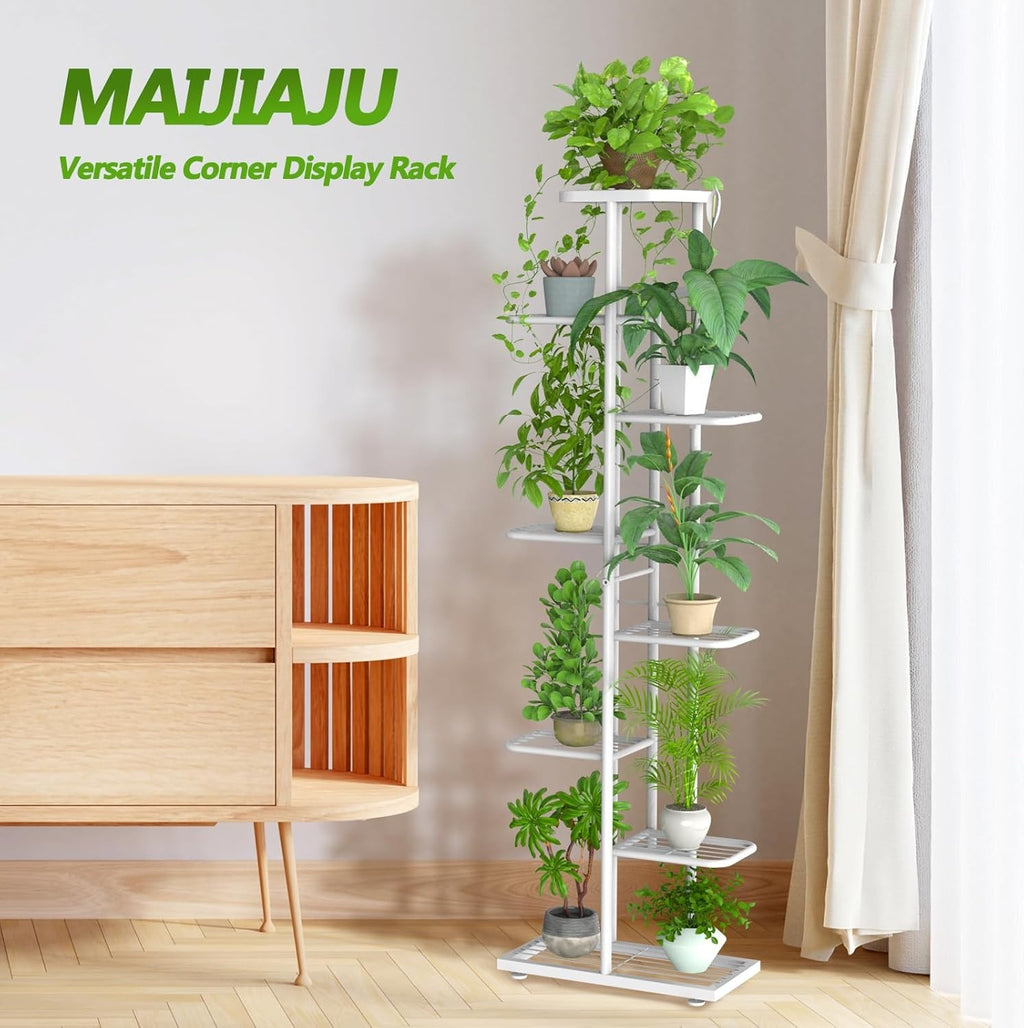 8 Tier White Metal Plant Stand Tall Indoor Outdoor Flower Shelf with Tools Set