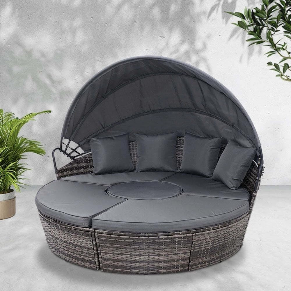 Outdoor Modular 5-Piece Rattan Day Bed Set with Retractable Canopy & Cushions