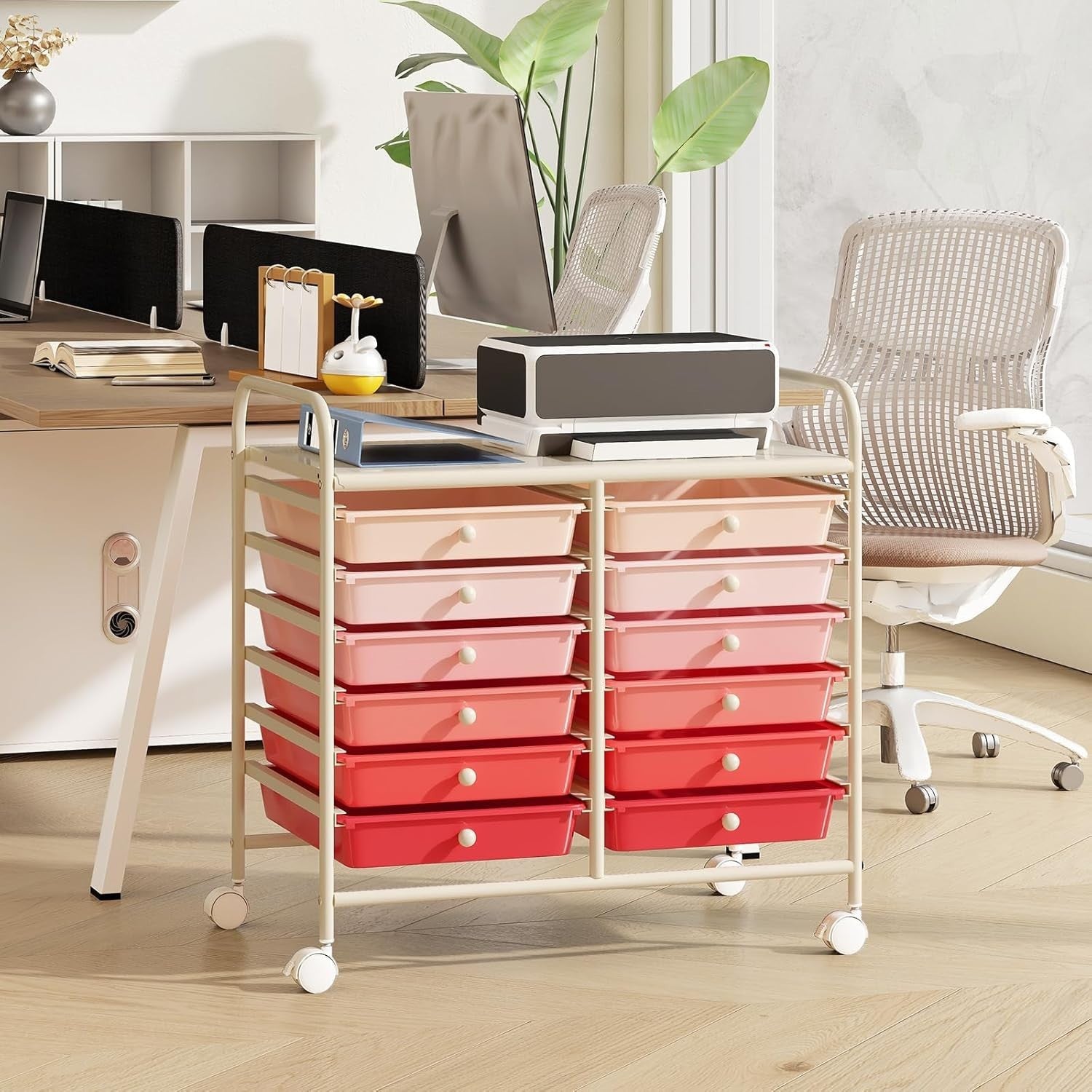 12 Drawer Rolling Storage Cart Pink Utility Trolley Organizer Wheels
