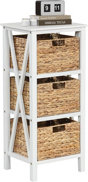 White Wooden Bedside Table with 3 Seagrass Baskets | Tall Rustic Narrow
