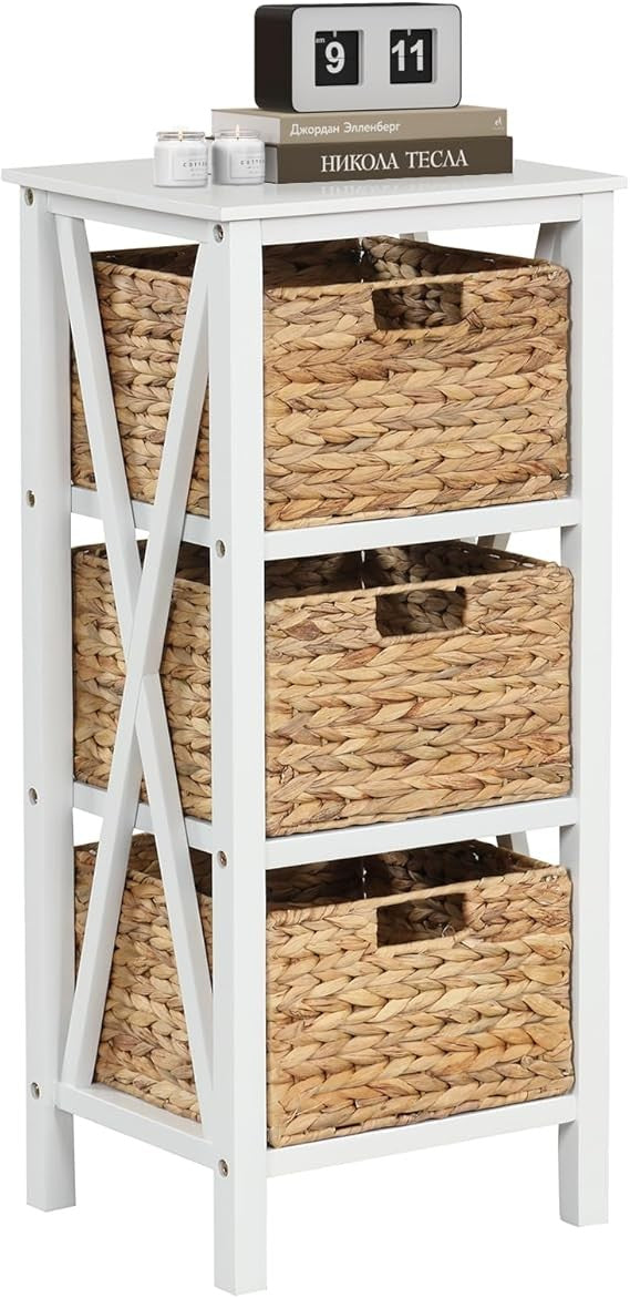 White Wooden Bedside Table with 3 Seagrass Baskets | Tall Rustic Narrow