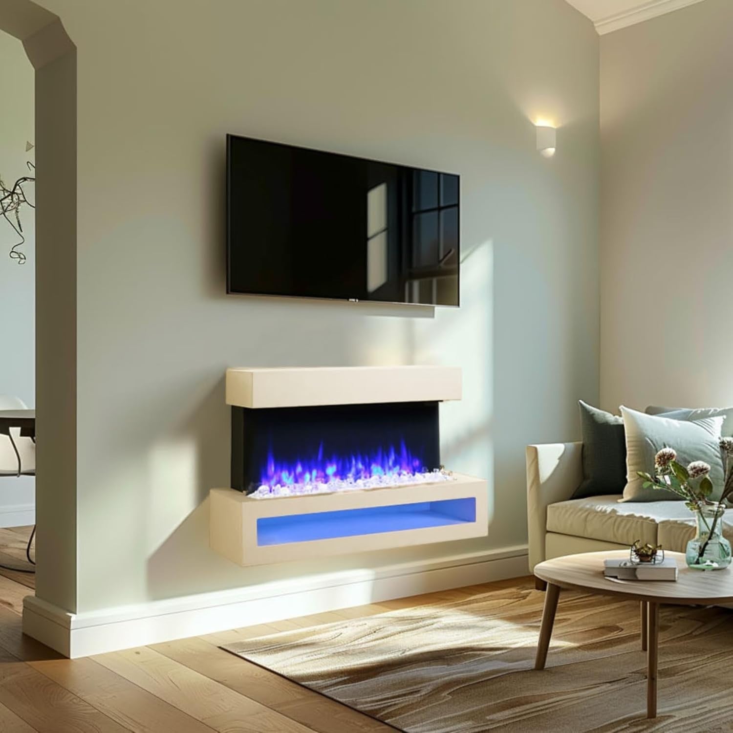 43" Wall Mounted Electric Fireplace 18/2kW Programmable Remote LED Flame
