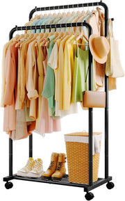 Double Rod Clothes Rail with Shelf & Hooks – Black 150cm