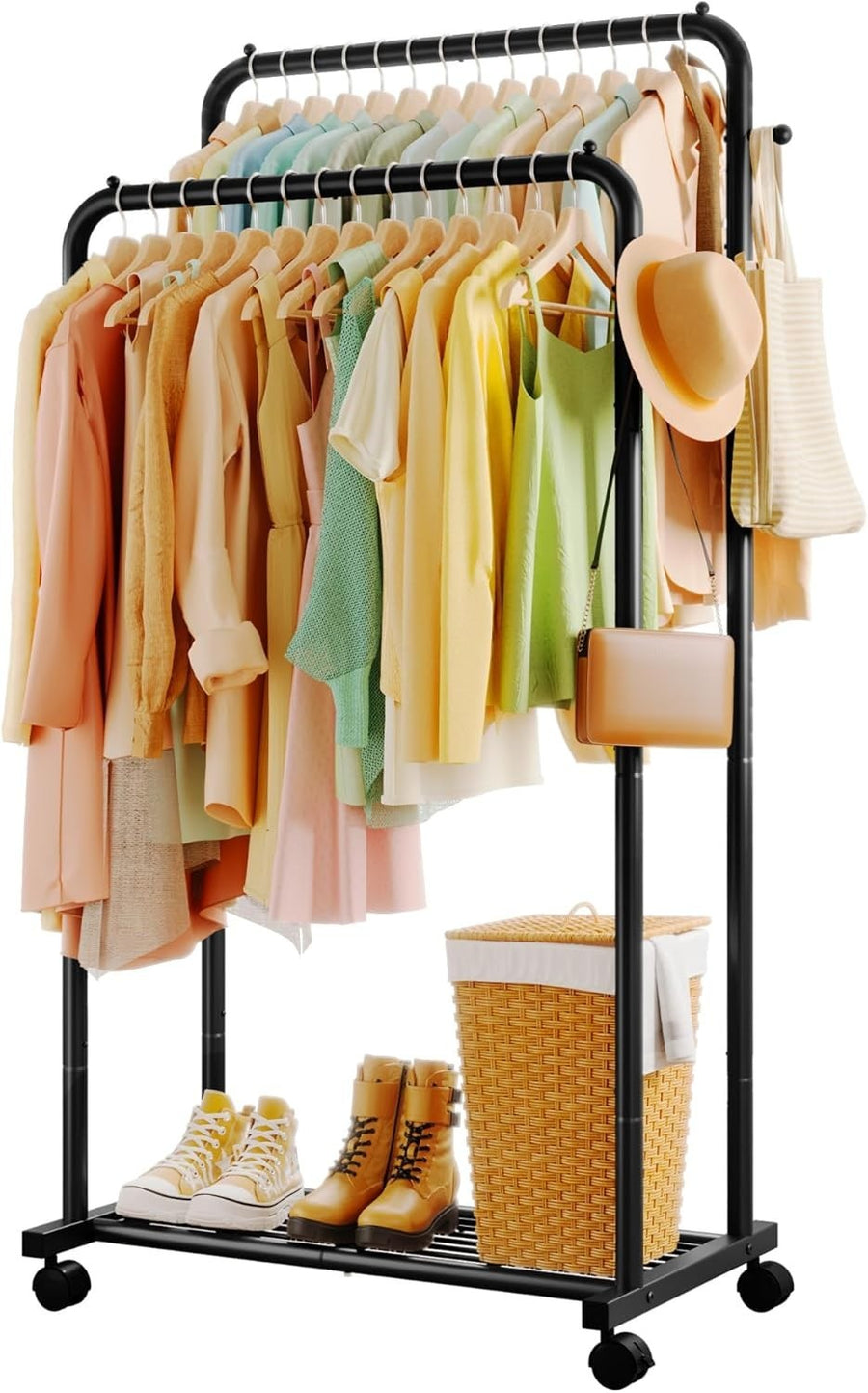 Double Rod Clothes Rail with Shelf & Hooks – Black 150cm