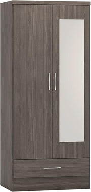 Black Mirror Wardrobe 2 Door 1 Drawer – Modern Bedroom Storage Unit
