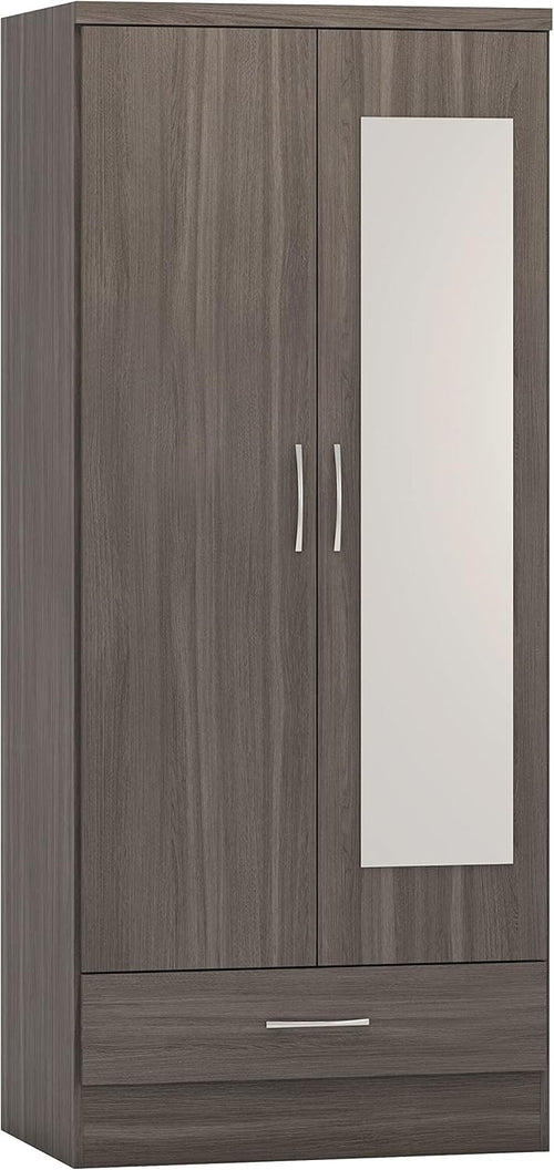 Black Mirror Wardrobe 2 Door 1 Drawer – Modern Bedroom Storage Unit