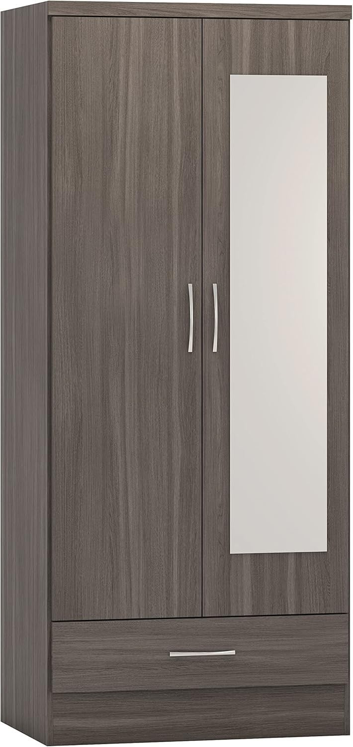 Black Mirror Wardrobe 2 Door 1 Drawer – Modern Bedroom Storage Unit