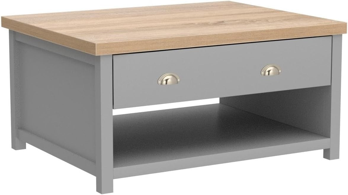 Modern Grey Coffee Table 2 Drawers Oak Effect 90x58x45cm Durable Storage