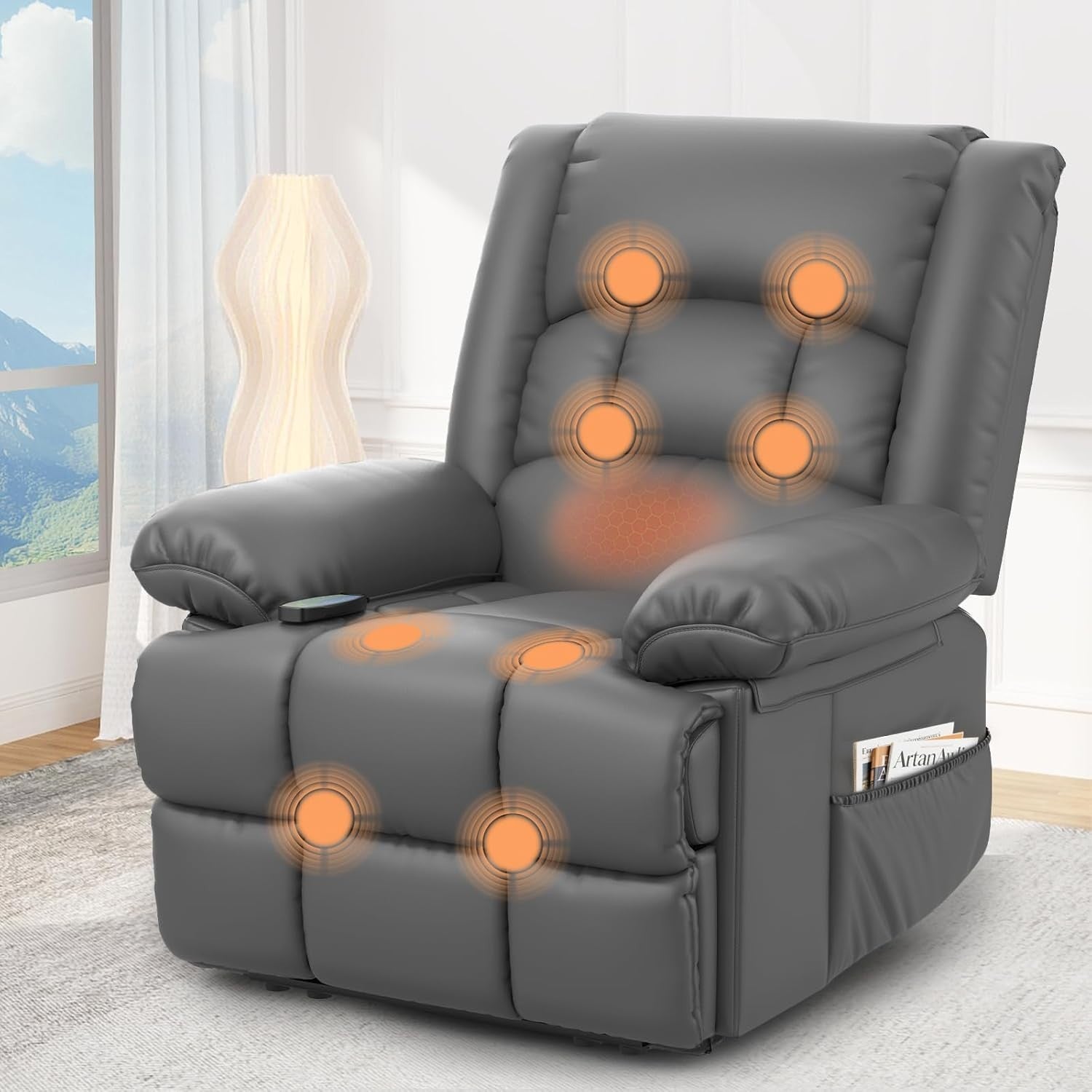 Manual Recliner Chair Massage Heat 135° Recline Footrest Dual Side Pockets Grey