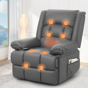 Manual Recliner Chair Massage Heat 135° Recline Footrest Dual Side Pockets Grey