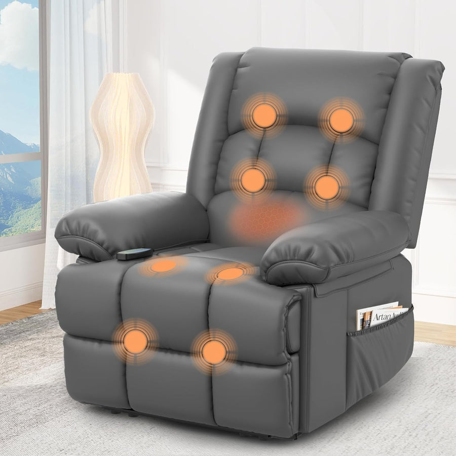 Manual Recliner Chair Massage Heat 135° Recline Footrest Dual Side Pockets Grey