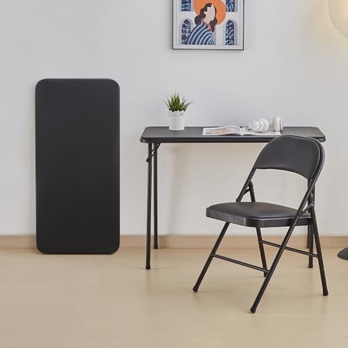 Small Foldable Metal Table with Vinyl Top Black Compact Lightweight Desk