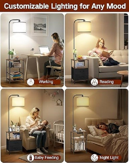 Floor Lamp with Table Drawers Remote USB Charging Dimmable LED Nightstand
