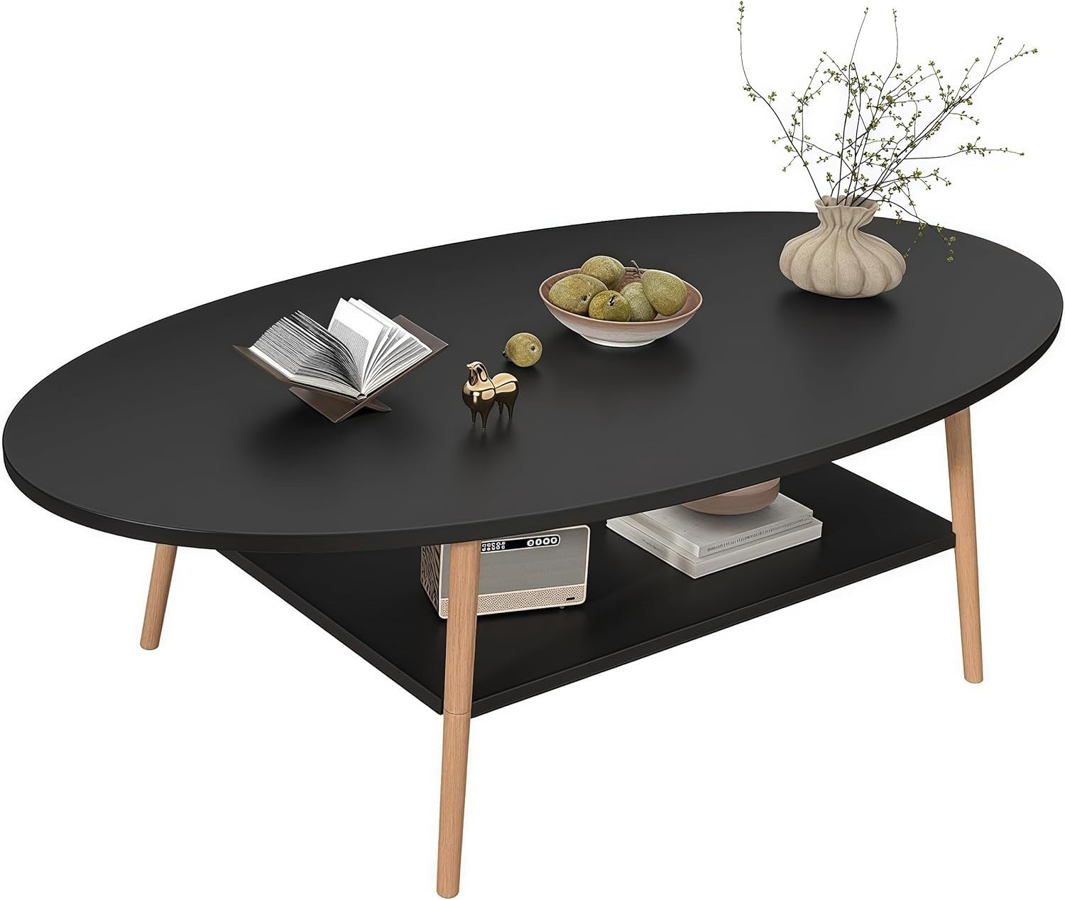 Black 2-Tier Oval Coffee Table 120x60x42cm Modern Storage Wood Frame