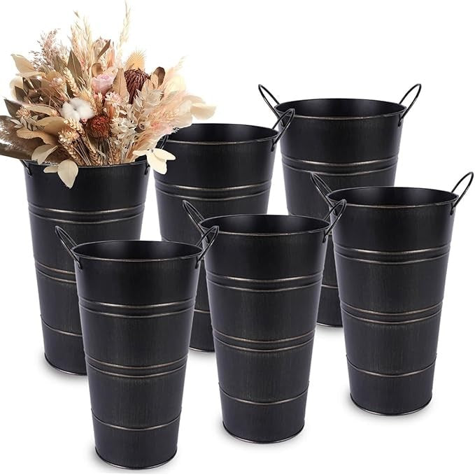 12 Inch Black Galvanized Metal Flower Vases Set of 6 Rustic Bucket Planters