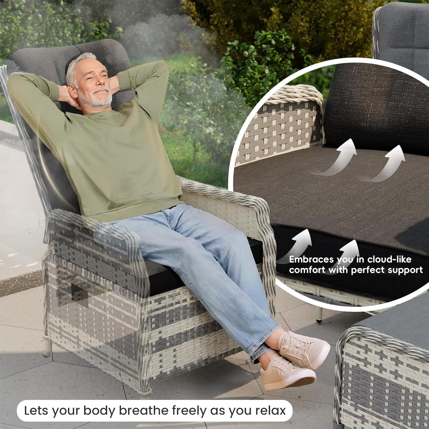Adjustable Rattan Recliner Patio Set Chairs Stools Coffee Table Outdoor Black