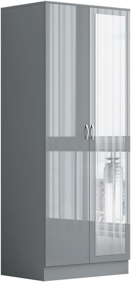 Soft Close 2-Door Wardrobe with Mirror, Engineered Wood, Grey Finish, 180cm