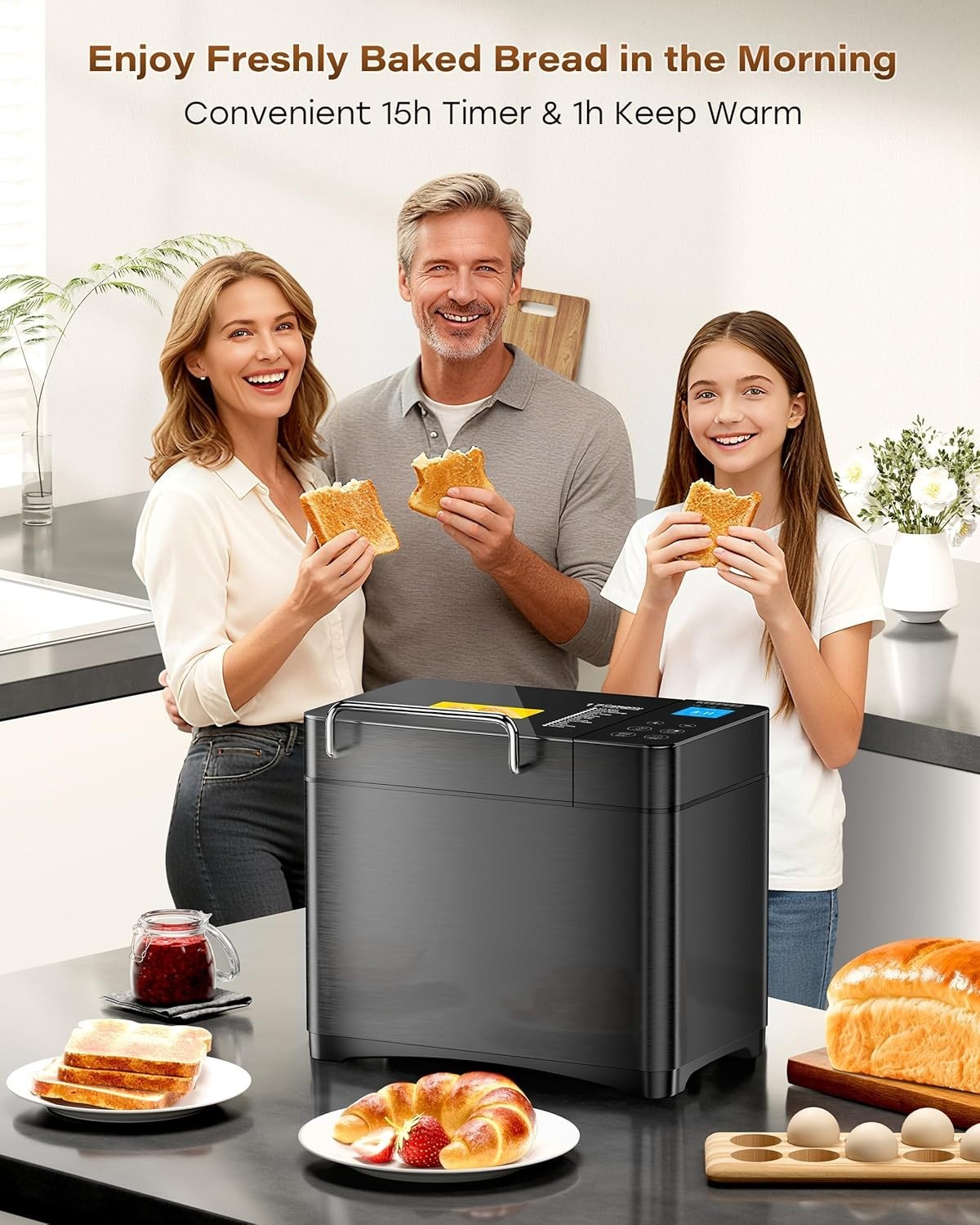 710W Convection Bread Maker 17-in-1 Ceramic Pan Auto Nut Dispenser Black