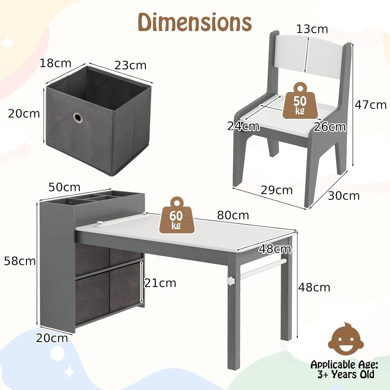 Kids Art Table & Chair Set Grey – Paper Roll + Storage Bins Craft Desk