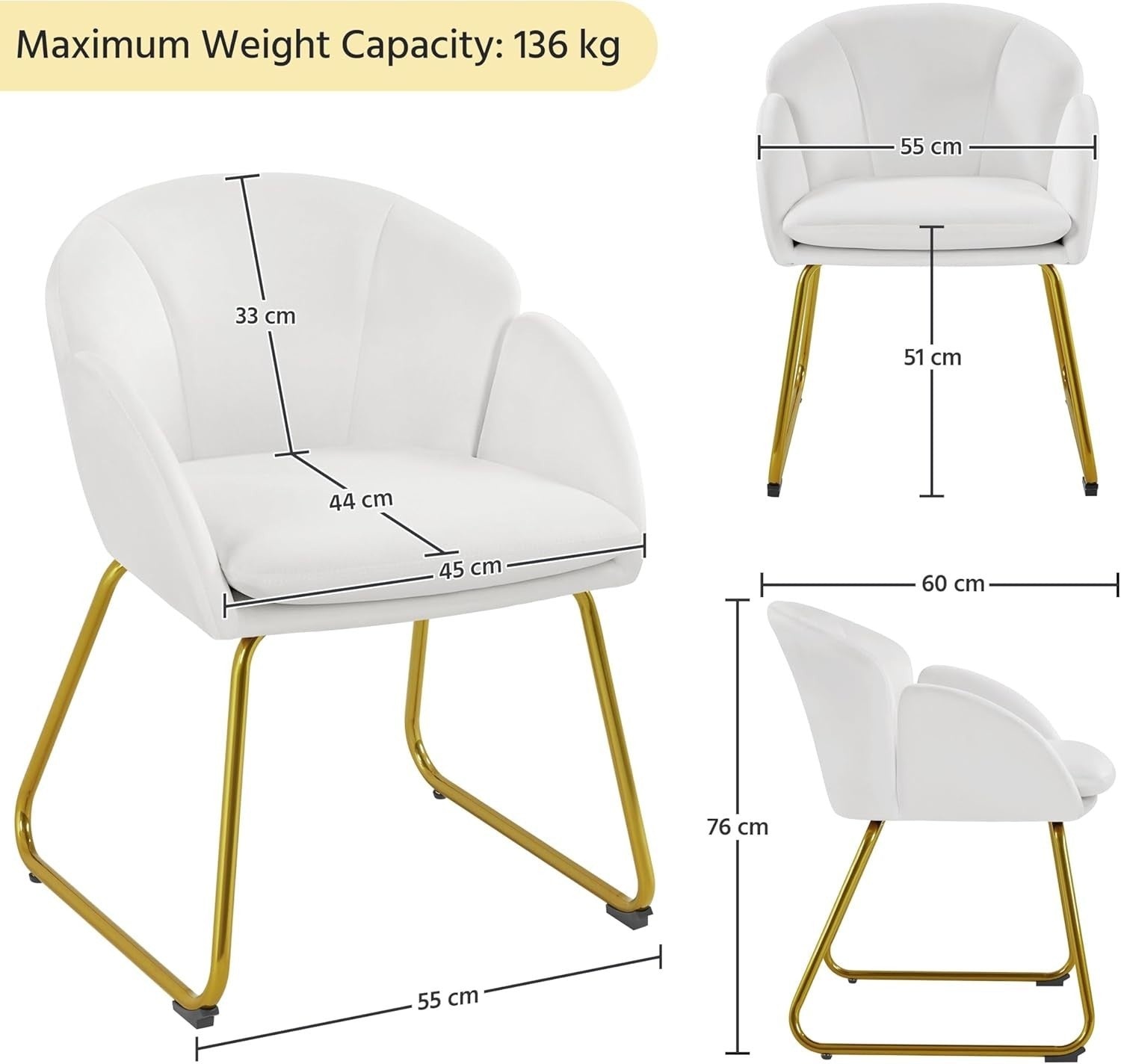 White Velvet Tub Vanity Chair Petal Accent Armchair with Gold Metal Legs
