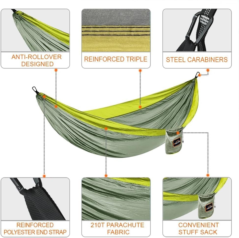 Ultralight 2-Person Camping Hammock 300x200 cm Breathable Nylon + Tree Straps