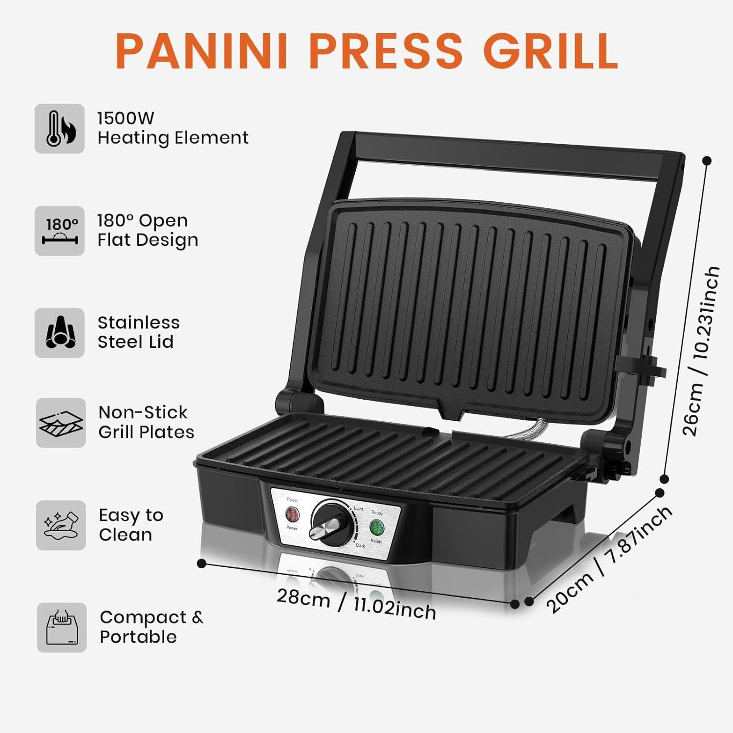 1500W Electric Panini Press 27.5x17.8cm Non-Stick Grill Toastie Maker