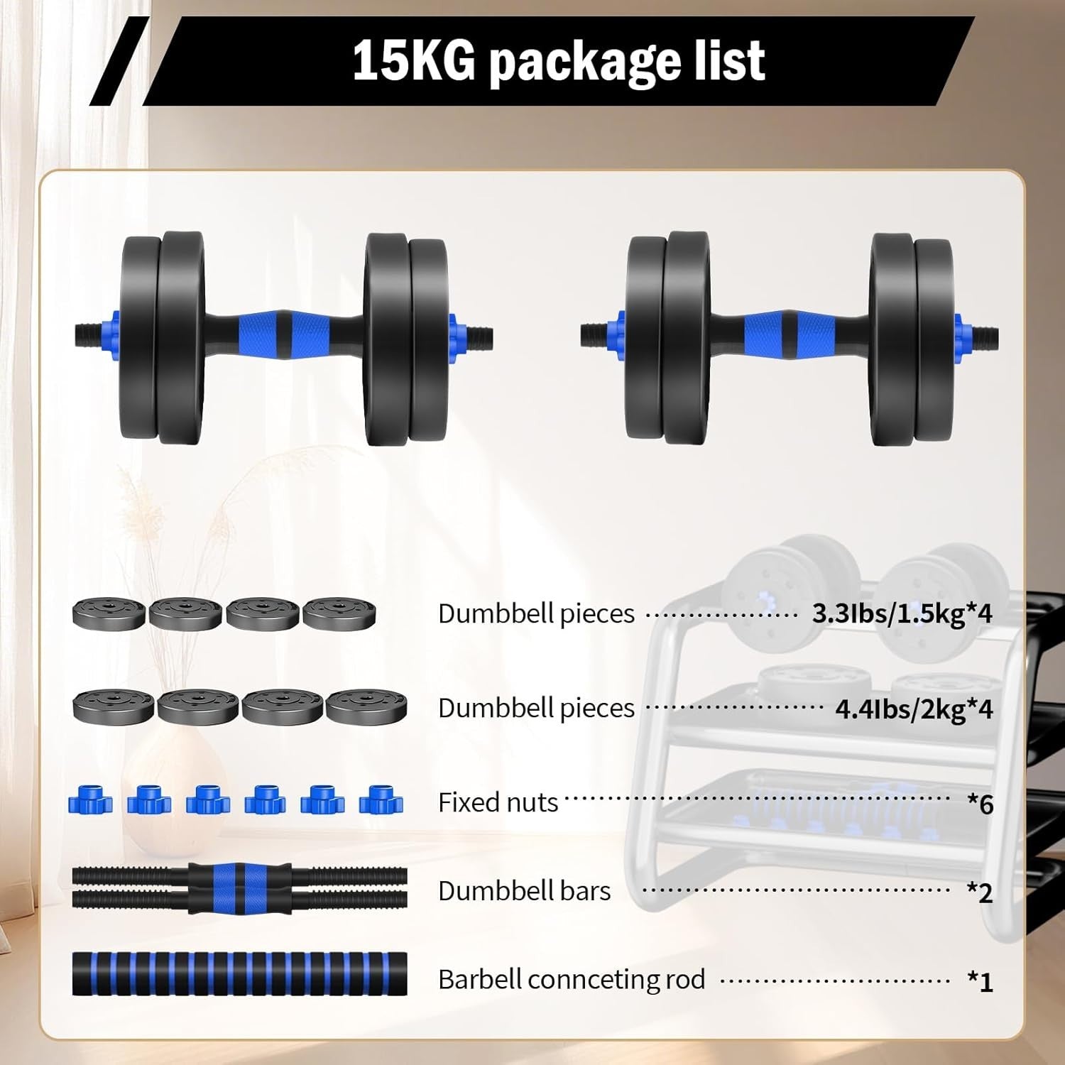 15KG Adjustable Dumbbell & Barbell Set 3-in-1 Home Gym Fitness Weights