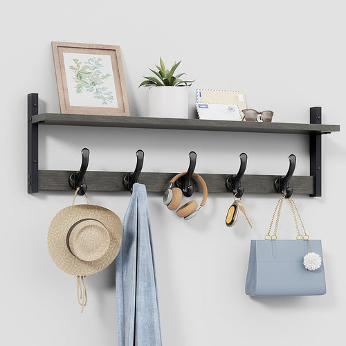 29” Rustic Dark Grey Wall Mounted Coat Rack with Shelf | 5 Hooks Entryway