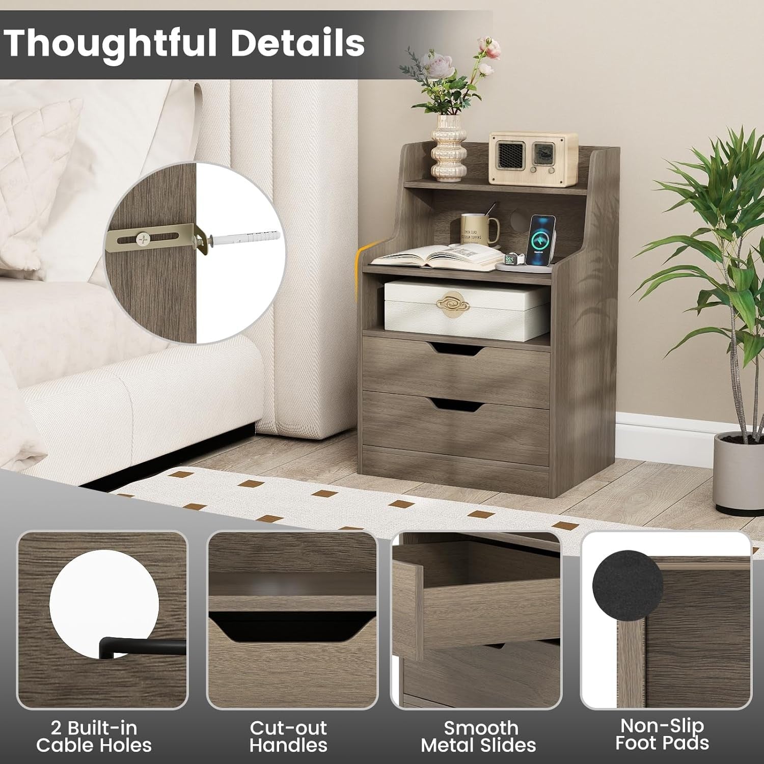 LED Bedside Table with Charging Station, Drawers & RGB Lighting Storage Unit