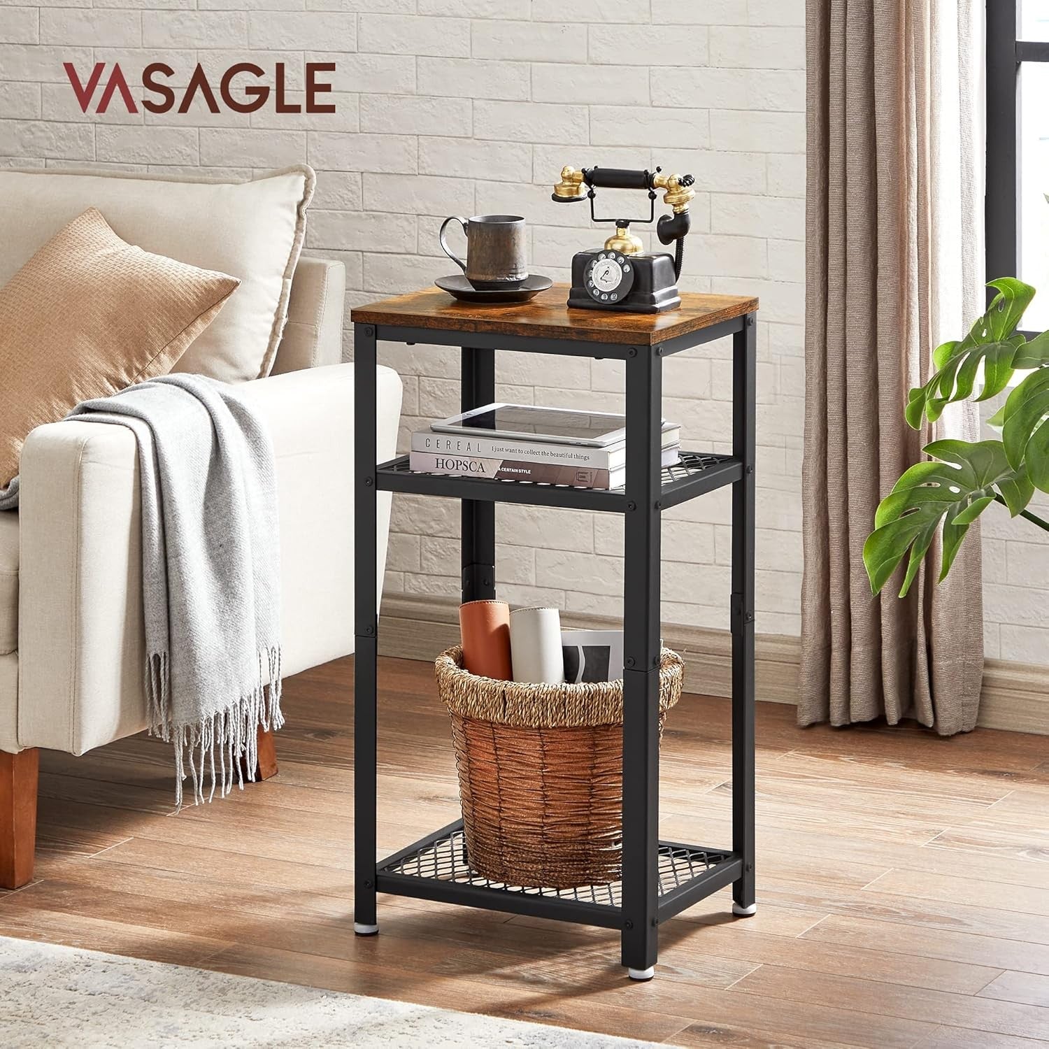 Tall Rustic Side Table with 2 Mesh Shelves, Industrial Bedside or Sofa End Stand