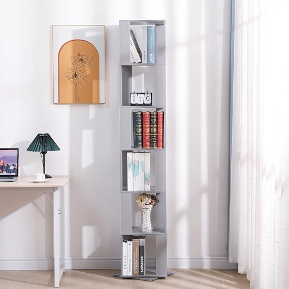 Slim Rotating 6-Tier Bookshelf Tall Corner Storage Unit Modern Display Shelf