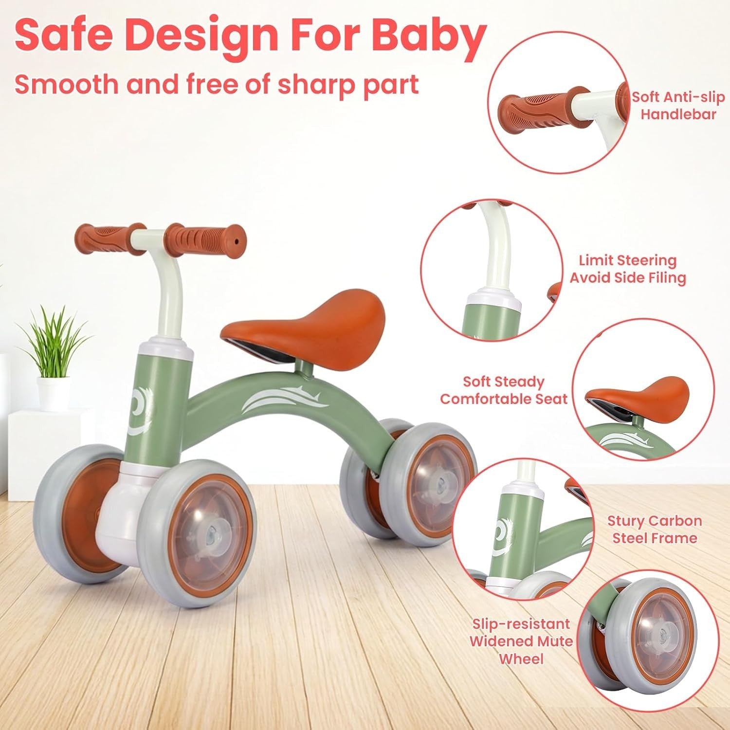 Baby Balance Bike 4 Wheel Toddler Ride On Adjustable Seat Green Bike