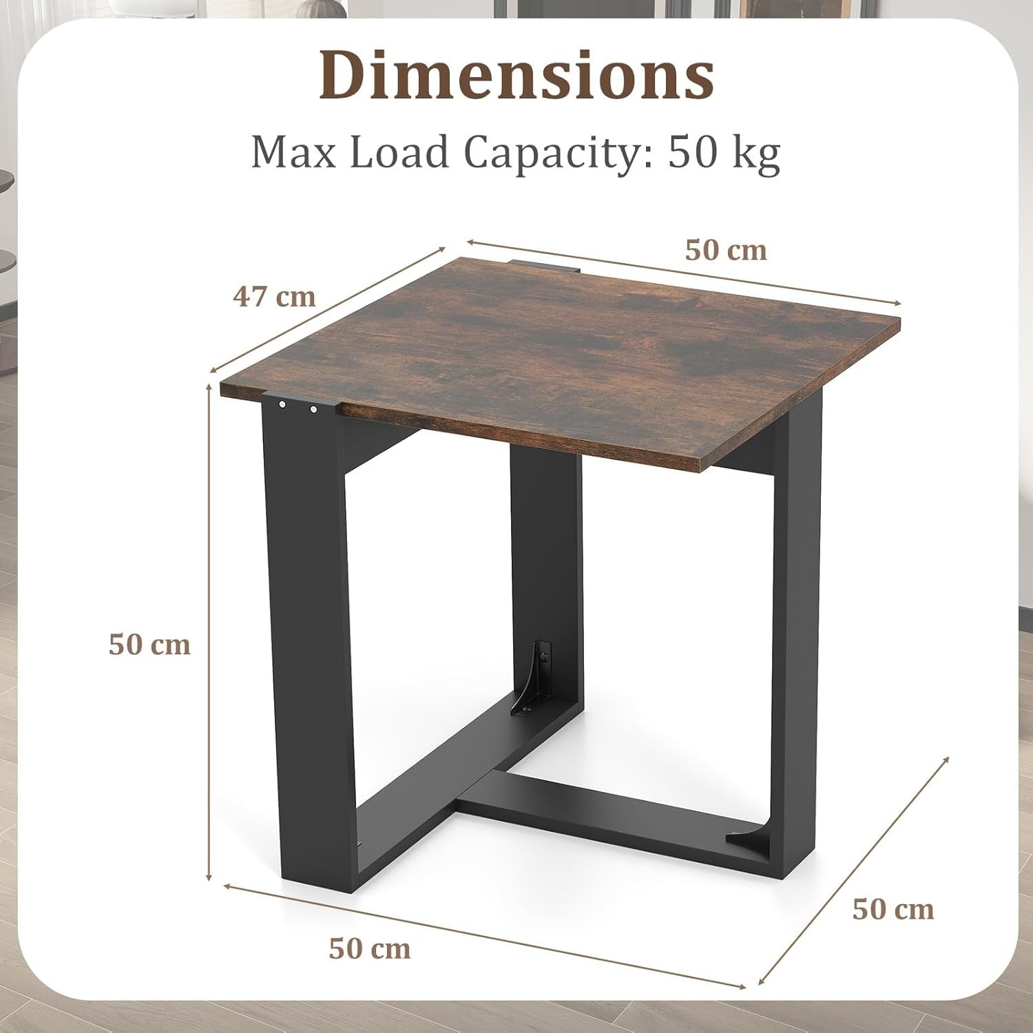 Industrial Side Table Rustic Brown | 50cm Square Sofa End Table Metal Base