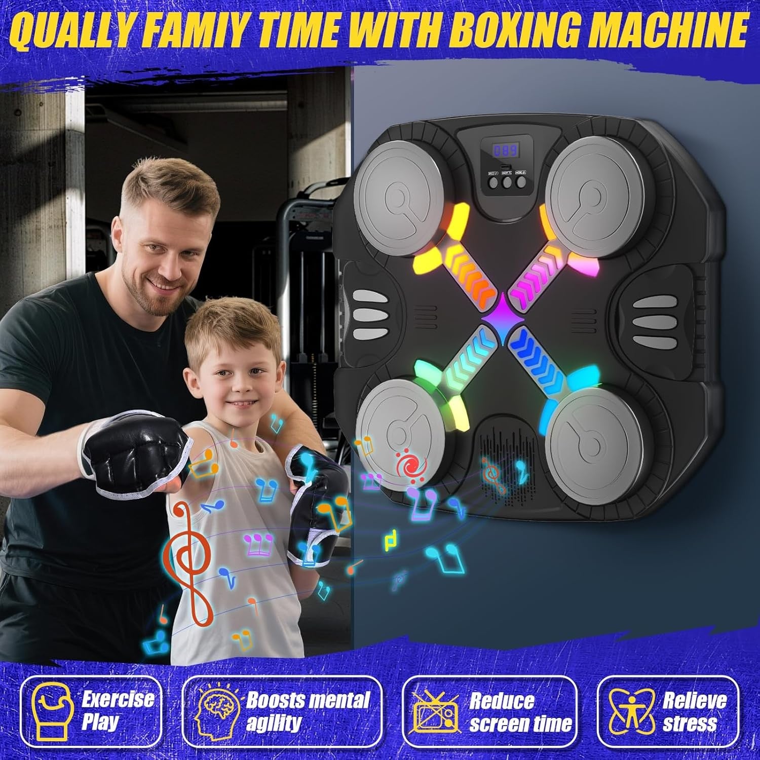 Kids Music Boxing Machine LED Punch Pad Wall Mounted Bluetooth Gloves
