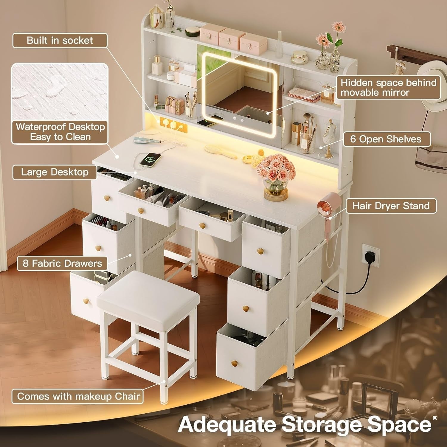 Modern Dressing Table w/ LED Mirror Power Outlet 8 Drawers & Chair White