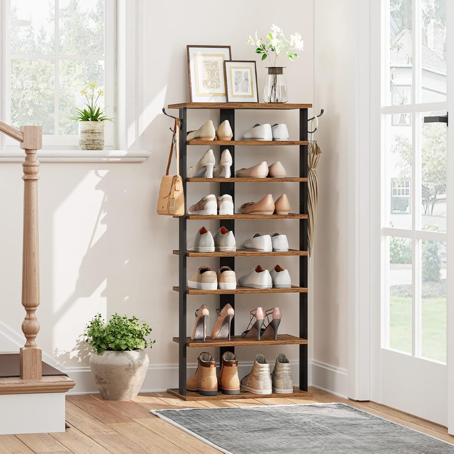 Tall Narrow Wooden Shoe Rack 8-Tier Storage Organizer with Hooks Industrial