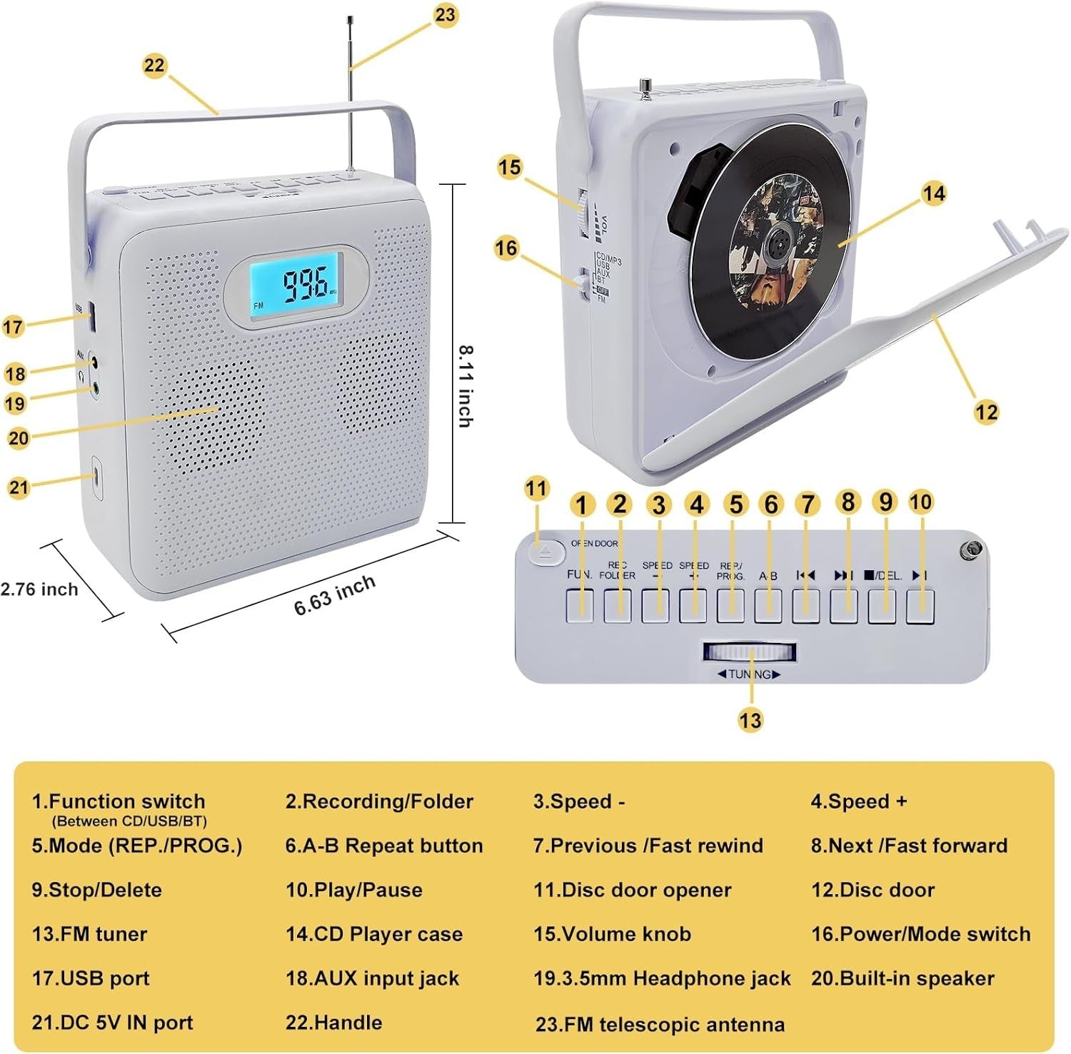 Portable CD Player Bluetooth FM Radio USB Recording HiFi Speakers LCD