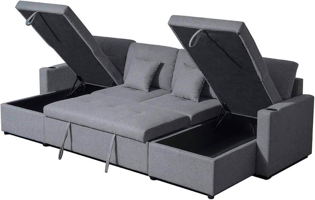 Grey Fabric U-Shaped 4 Seater Sofa Bed with Storage Ottoman & Pull-Out