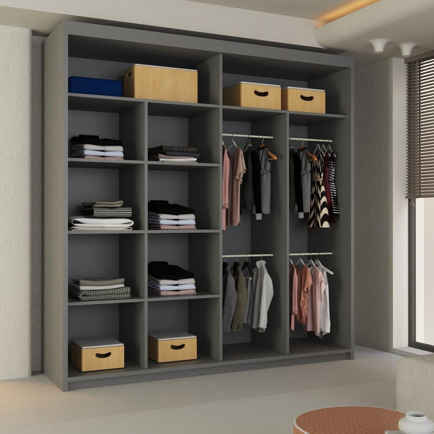 Grey Sliding Wardrobe Mirror Doors 203cm Storage Rails Modern Style
