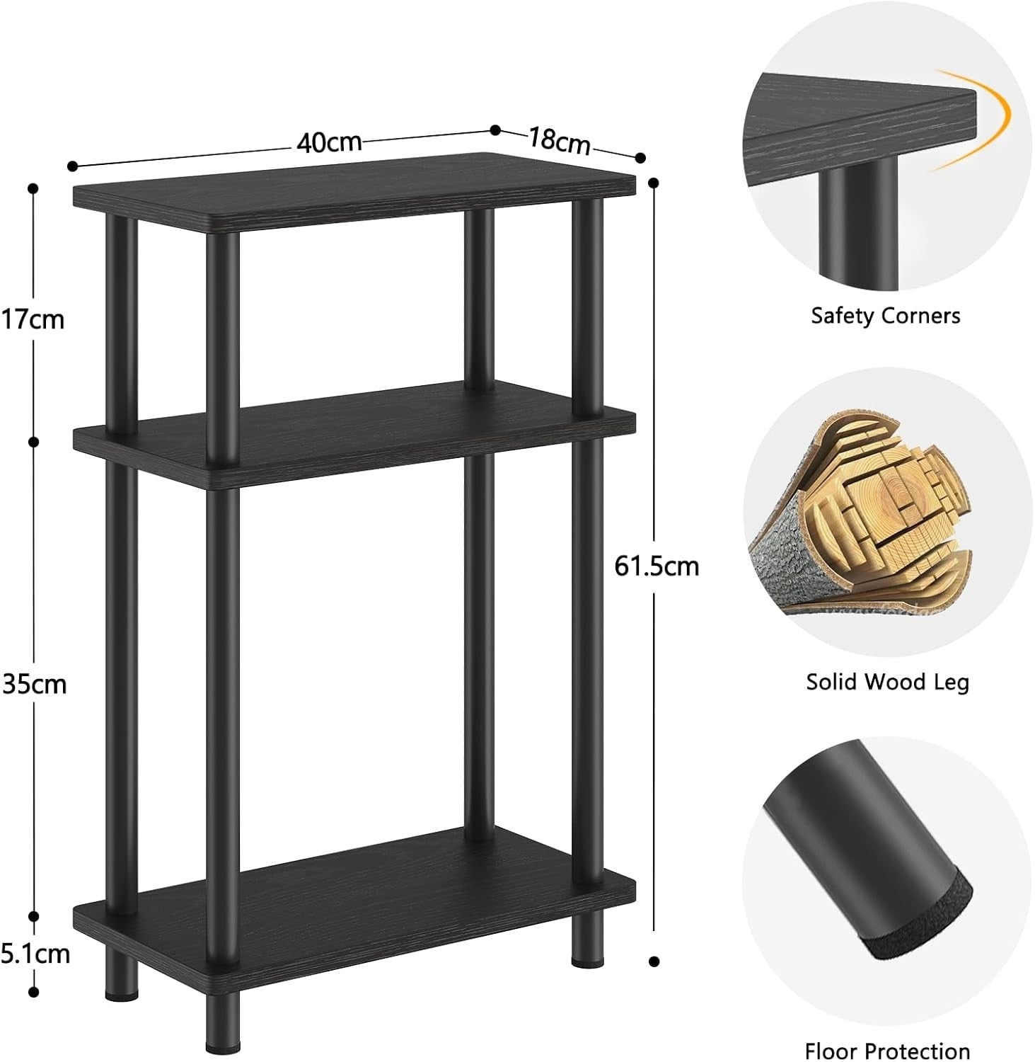 Narrow 3-Tier End Table, Space-Saving Slim Side Table for Bedroom & Living Room