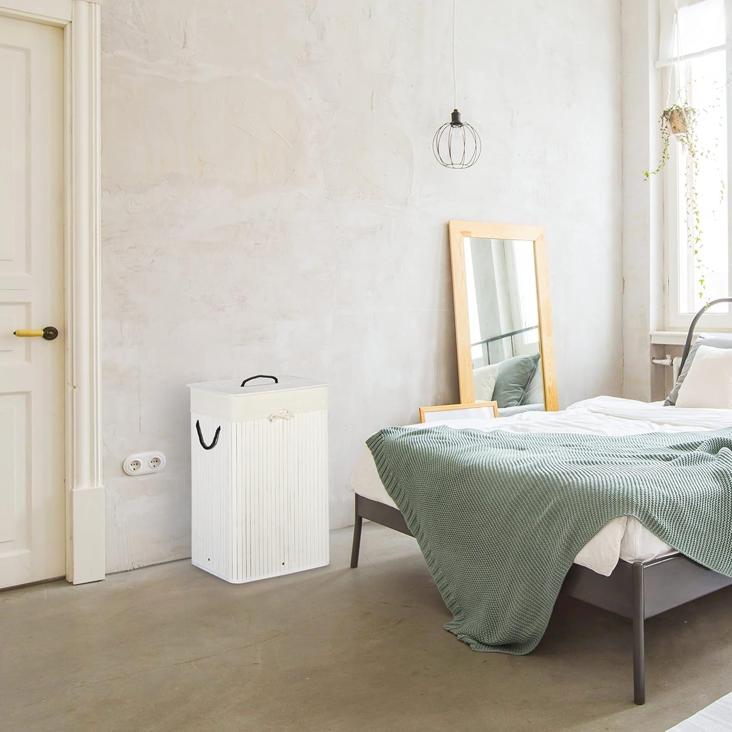 80L Bamboo Laundry Hamper with Lid, 2 Inner Bags, Folding Rectangle Basket White