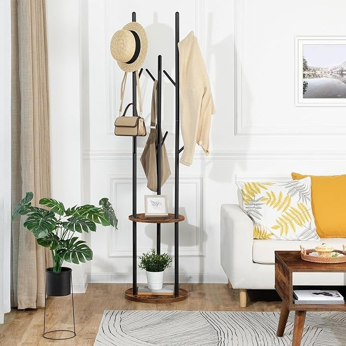 Rustic Brown Freestanding Coat Rack with Shelves & 8 Hooks Industrial Hall Tree