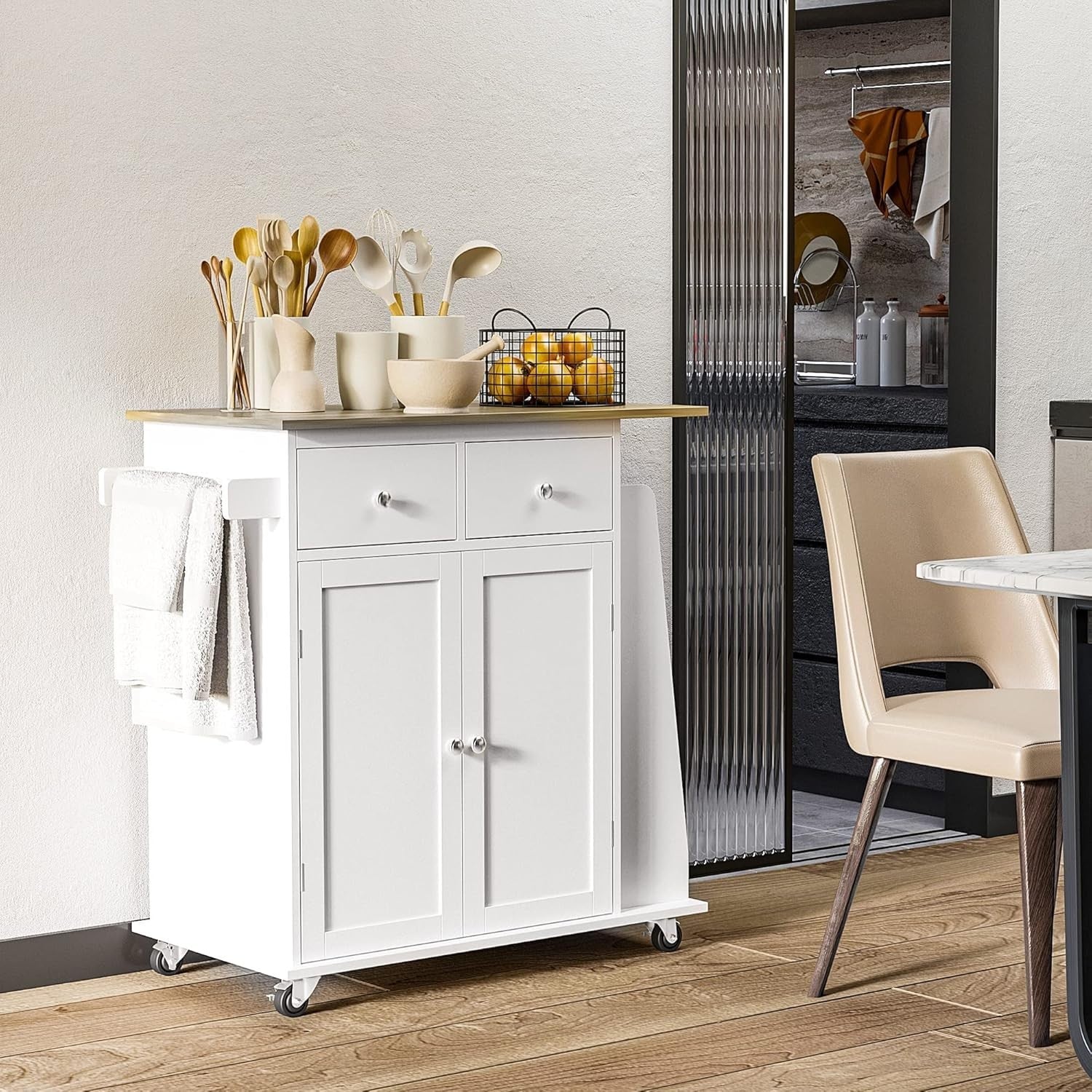 Rolling Kitchen Island Cart with Rubberwood Top, Drawers & Spice Rack