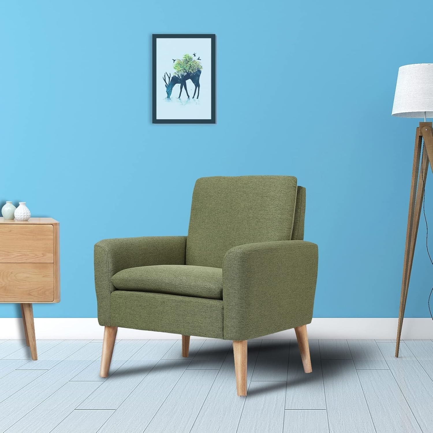 Green Lounge Armchair Upholstered with Wood Legs for Living Room Bedroom