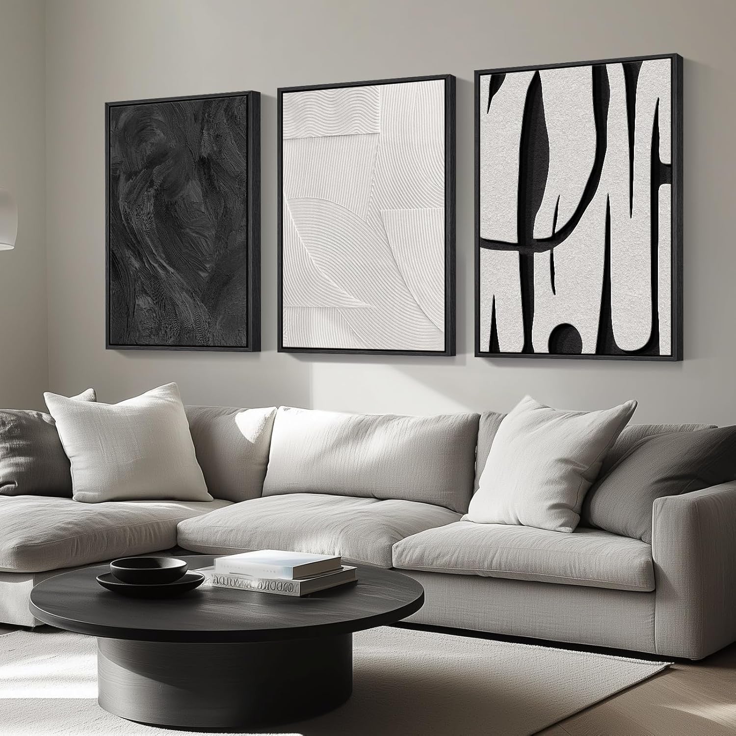 Large Black White Abstract Wall Art 3 Piece Framed Canvas Set