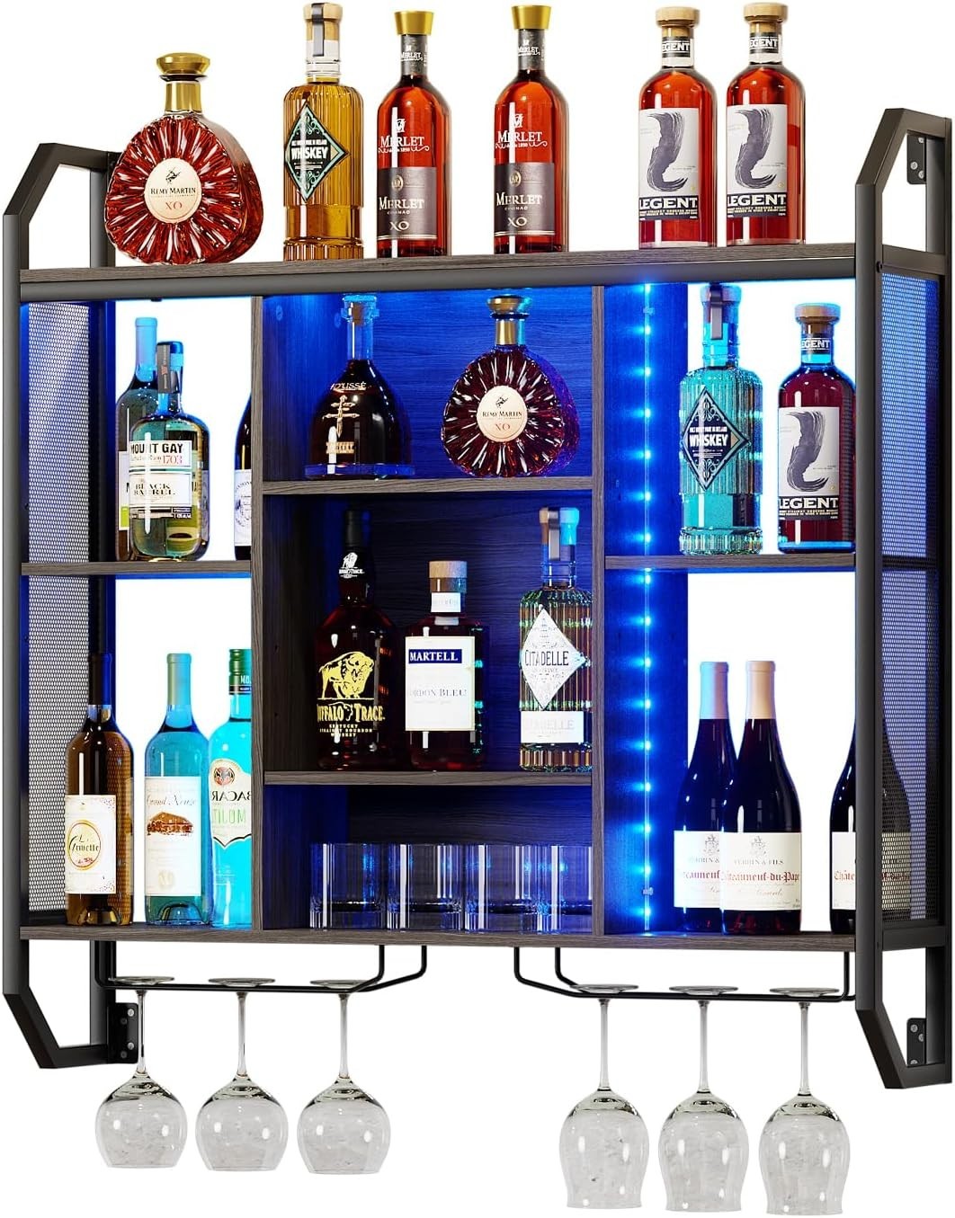 Wall Mounted LED Wine Rack Bar Shelf with Glass Holder Modern Metal Display