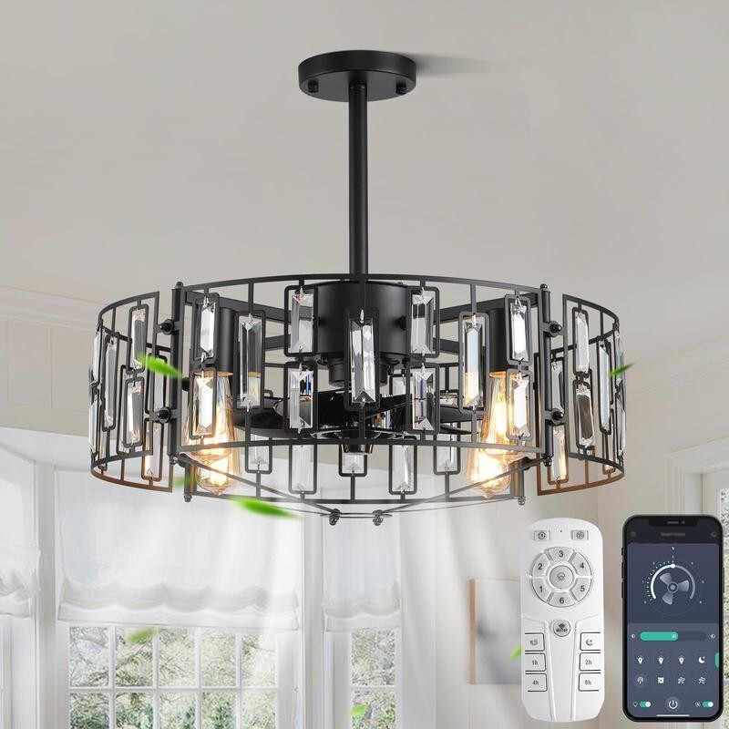 Crystal Ceiling Fan Light Flush Mount Remote App Control 6-Speed E27 Black