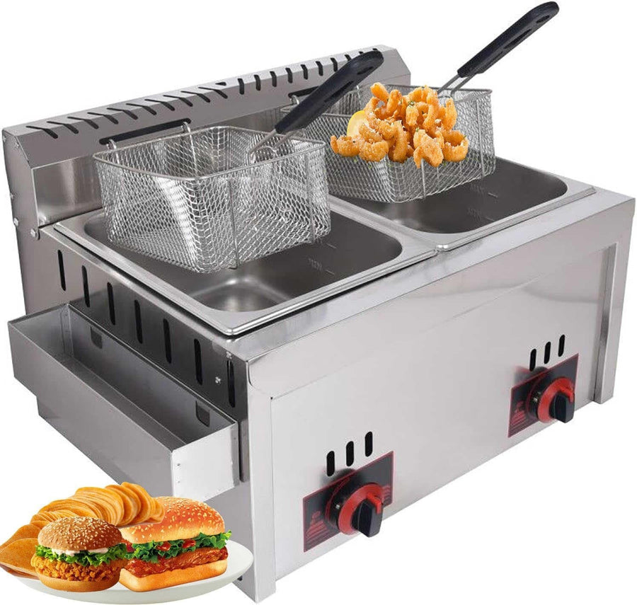 Double Tank LPG Gas Deep Fryer 20L Stainless Steel Commercial